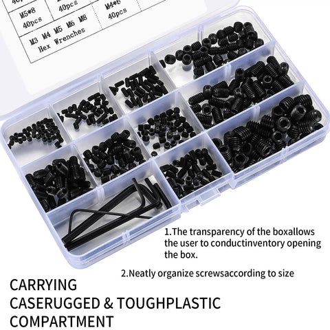 Open plastic box displaying Heavy Duty 400 Piece Set Screws Kit With M3 M4 M5 M6 M8 Allen Head Grub Screws Black Finish