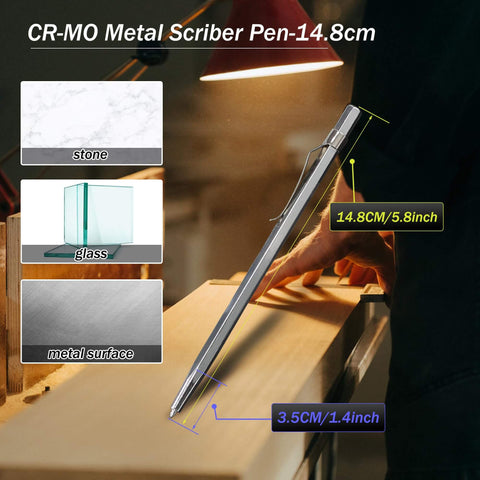 CR-MO Metal Scriber Pen, 14.8cm for stone, glass, and metal surfaces with dimensional details.