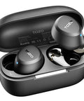 Slick Wireless Earbuds For Small Ears Bluetooth 5.3 Ultra Lightweight At 3.7 Grams Per Bud in charging case with lid partially open.