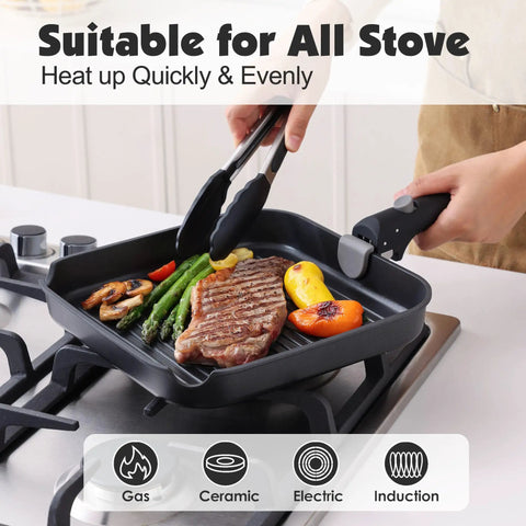 Nonstick 17 Piece Pots And Pans Set With Removable Handles Induction Ready Cookware grilling steak on stove