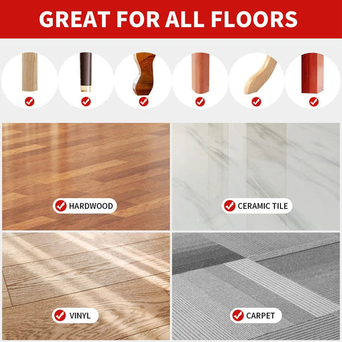 Non Slip Furniture Pads 2 Inch Anti Skid Rubber Caster Cups 12 Pack Black Hardwood Floor Guards displayed on various floors including hardwood and vinyl.
