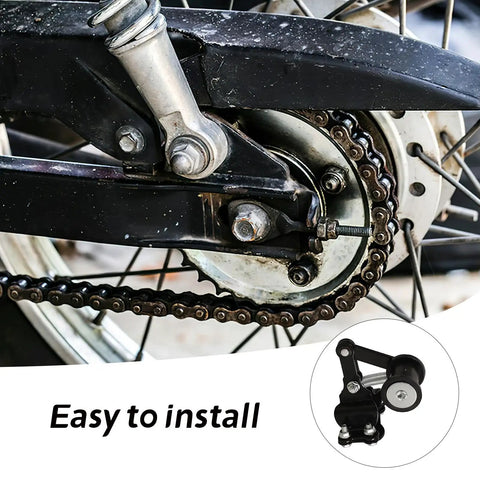 Black Iron Chain Tensioner Kit For Off Road Motorcycle Roller Guide Adjuster Enhances Safety and Performance With Super Easy Installation And No Special Tools Needed For Your Ride. Installed on rear chain, black iron roller guide adjuster for off-road motorcycle