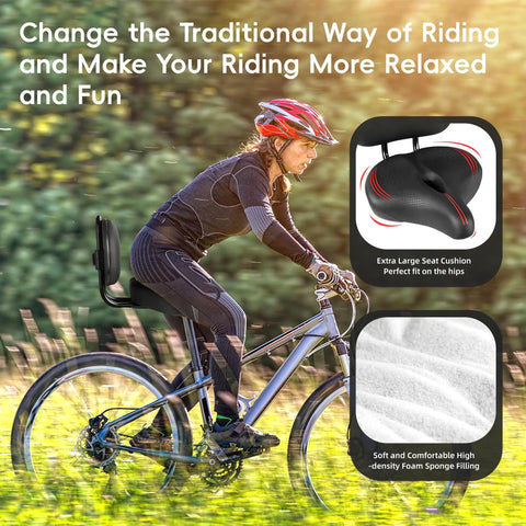 Cyclist using oversized bike seat with backrest for Peloton and universal compatibility, super wide padded saddle.