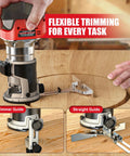 Cordless Compact Router Compatible With Milwaukee Batteries Offering Six Variable Speeds Up To Thirty Thousand Rpm Eight Hundred Watt woodworking machine in use for flexible trimming.