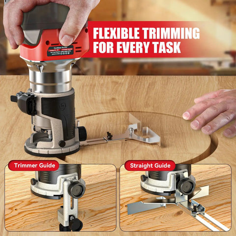 Cordless Compact Router Compatible With Milwaukee Batteries Offering Six Variable Speeds Up To Thirty Thousand Rpm Eight Hundred Watt woodworking machine in use for flexible trimming.