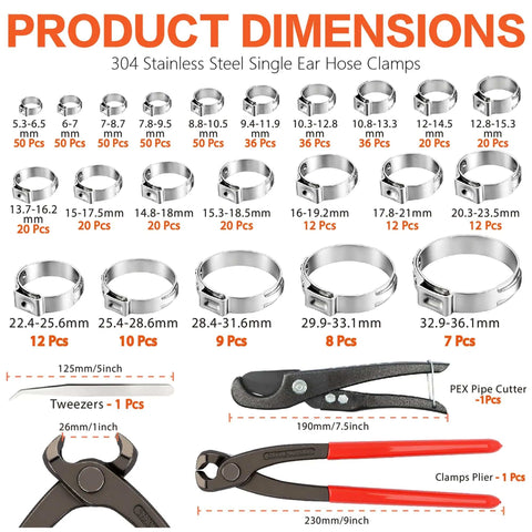 560 Piece Stepless Single Ear Hose Clamp Kit With Pliers, 22 Sizes From 5.3 To 36.1mm, 304 Stainless Steel Leak Proof Clamps