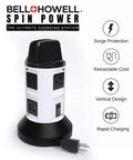 4 Outlet Power Strip With 6 USB Ports, 360 Degree Swivel, Surge Protector shown with features on display: surge protection, retractable cord, vertical design, rapid charging.