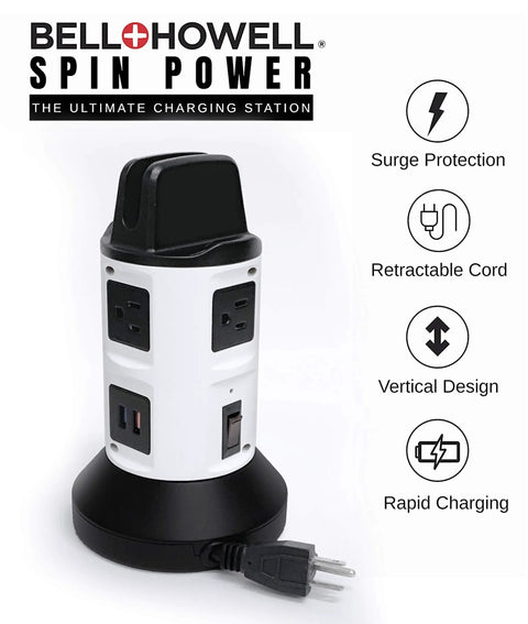 4 Outlet Power Strip With 6 USB Ports, 360 Degree Swivel, Surge Protector shown with features on display: surge protection, retractable cord, vertical design, rapid charging.