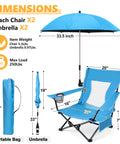 Two Pack Heavy Duty Beach Camping Chairs with Umbrellas, showing size and features including cup holder and carry bag