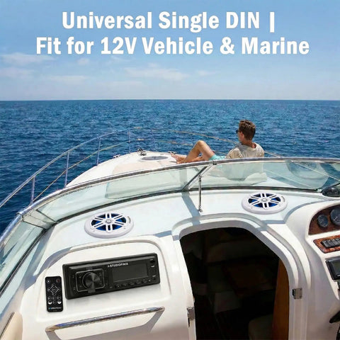 Single Din Bluetooth 5.1 Marine Car Stereo Receiver With 240W Power installed on boat dashboard, showing ocean view