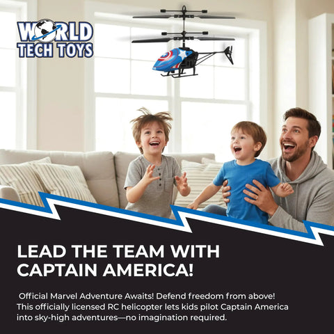 Father and sons playing with Captain America RC Helicopter For Kids 8 Plus Easy Fly Remote Control Toy With LED Lights Durable