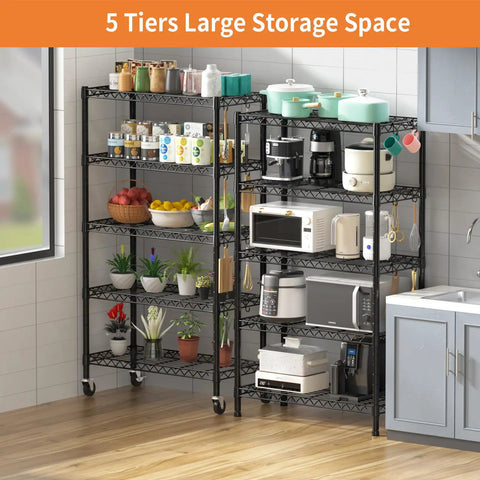Heavy Duty 5 Tier Wire Shelving Unit With Beefy Rolling Casters Adjustable Black Metal Storage Rack NSF Certified 1900 Lbs Capacity 36 By 14 By 72 Inches Hella Sturdy Storage Setup For Garage Or Kitchen