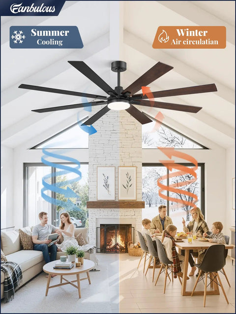 72 Inch Ceiling Fan With Lights And Remote installed in spacious living area, showing dual-sided reversible blades for seasonal use.