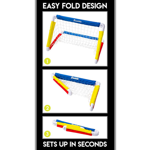 Easy fold design of Kids Soccer Goal With Ball And Pump 24 By 16 Inch Easy Assemble Insta Set With Quick Fold Corner Joints.