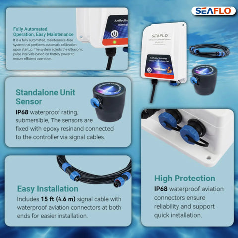 Ultrasonic Hull Defense System With 200 Sq Ft Coverage Per Transducer Prevents Barnacles And Algae Growth Fully Automated All Day Protection Submersible IP68 Boat Hull Shield Includes Transducer And Control Unit 4 Year Warranty, control unit and sensor