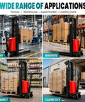 Image showing Heavy Duty 3300 Lbs Semi Electric Pallet Stacker And Narrow Pallet Jack For Tight Aisles in factory, warehouse, supermarket, and loading dock settings.