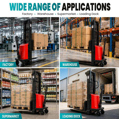 Image showing Heavy Duty 3300 Lbs Semi Electric Pallet Stacker And Narrow Pallet Jack For Tight Aisles in factory, warehouse, supermarket, and loading dock settings.