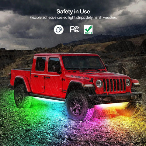 Underbody LED Lights Kit For Cars And Trucks, 6 RGBIC Smart Strips With Dream Color Chasing illuminating a red truck in rain