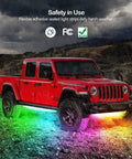 Red Jeep with Underglow LED Kit With RGB IC Dream Color Chasing 213 Scene Modes Music Sync, glowing in rain at night
