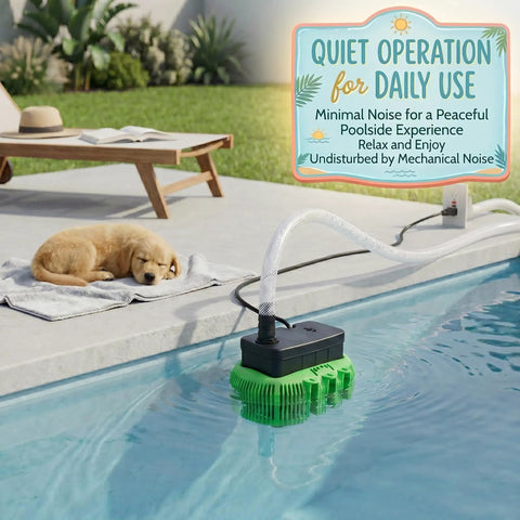 Above Ground Pool Cover Drain Pump 850 GPH Submersible With Built In Thermal Protection in use by poolside.