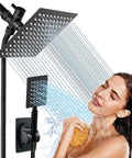 Woman enjoying shower under Square Rain Shower Head With Handheld Spray Bundle, High Pressure All Metal Shower Set, 6 Inch Square Showerhead Plus Handheld, 78 Inch Stainless Steel Hose, 3 Way Diverter, Matte Black Finish, Easy Install.