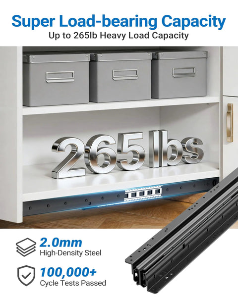 Heavy Duty Under Stair Drawer Slides Full Extension Bottom Mount Rails 265 Pound Load Capacity shown installed in cabinet