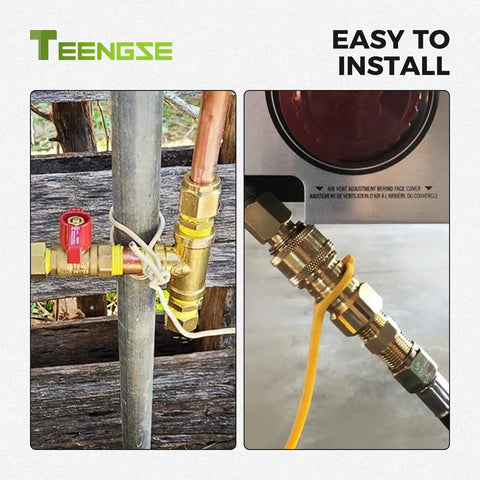 Three Eighths Inch Natural Gas Quick Connect Fittings Kit For Propane Grills And Patio Heaters attached to outdoor gas line.