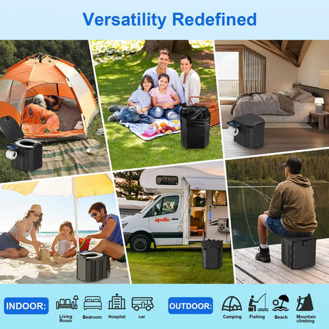Versatile portable toilet for adults foldable camping toilet with lid and paper holder in use at beach, RV, and outdoor settings.