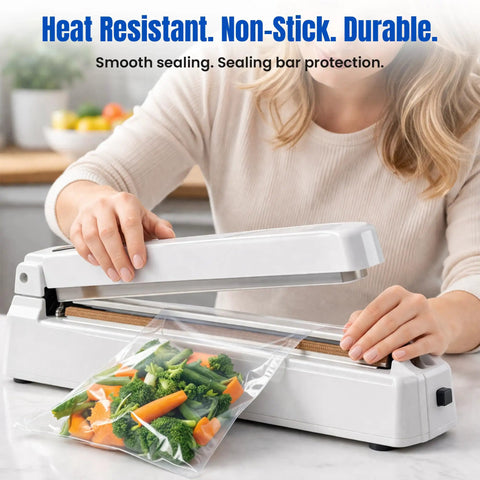 Person using heat sealer with Pro Grade Teflon Tape For Heat Sealer Machine 1 Inch By 33 Feet 0.18mm PTFE Fiberglass Adhesive Tape.