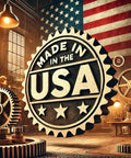 Vintage factory scene with Made in the USA badge, gears, and American flag in background.