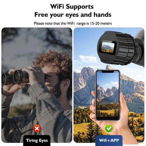 Comparison of a person using binoculars versus a smartphone screen with telescope camera eyepiece with 64GB card, 1080P FHD recording.