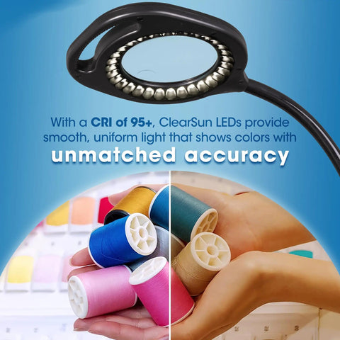 Close up of the Two In One ClearSun LED Magnifier Light Floor And Table Lamp For Crafting with sewing threads visible.