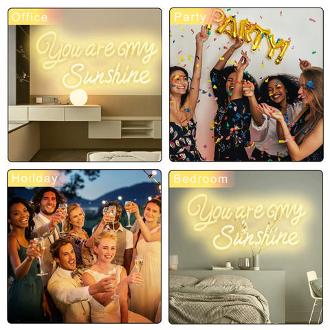 Personalized You Are My Sunshine Neon Sign Large 23 Inches Dimmable LED Neon Light displayed in various settings: office, party, holiday, bedroom
