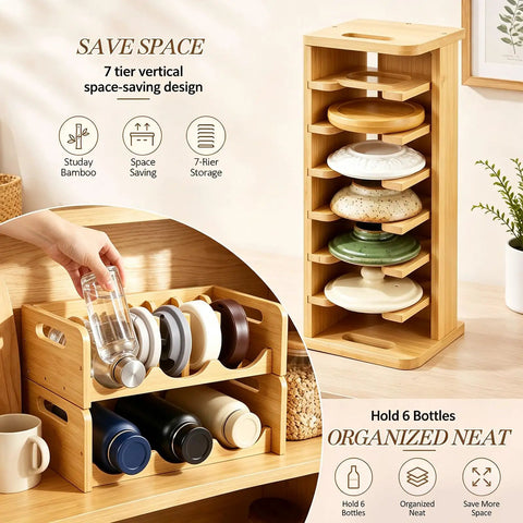 3 Piece Bamboo Water Bottle Organizer And Tumbler Lid Organizer Set with two-tier bamboo rack and 7-tier lid holder