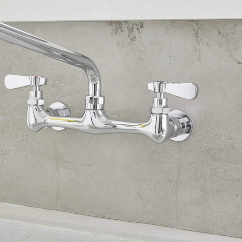 Wall Mount Kitchen Faucet With 12 Inch Gooseneck Swivel Spout 8-Inch Center Two-Handle Commercial Sink Mixer In Polished Chrome mounted on wall