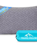 Go To Travel Pillow For Sleeping On The Go Memory Foam Small Pillow with blue travel pouch, gray cover with geometric pattern