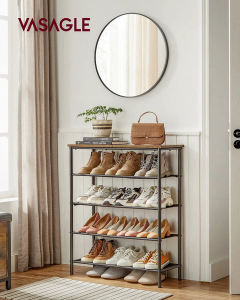 Solid Multi Tier Shoe Rack Storage Organizer Holds Twelve To Sixteen Pairs With Reinforced Steel Frame And Durable Fabric Shelves in entryway with shoes and boots.
