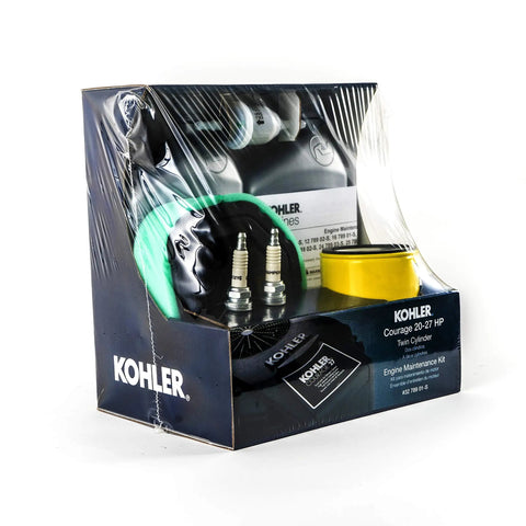 Maintenance Kit For Courage Twin Series SV710 Through SV840 Riding Lawn Mowers Including Air Filter Foam Pre Cleaner Oil Filter Two Quarts 10W 30 Oil Fuel Filter Spark Plugs Two Pack And All In One Replacement Parts in Kohler packaging