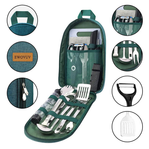 18 Tool Camping And Cooking Utensil Set For Outdoor Enthusiasts in green bag with portable stove, RV gadgets, campfire cookware