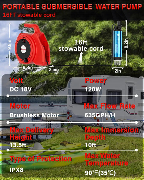 Portable Battery Powered Transfer Pump 635GPH 120W features with 16ft stowable cord, ideal for gardens and camping setup