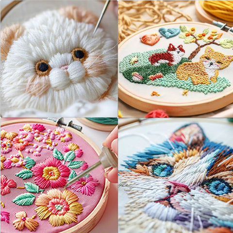 Colorful embroidery scenes from all in one starter punch needle embroidery kit for adults beginners with adjustable tools.