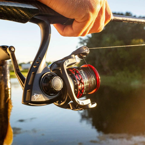 Lightweight Flame Spinning Reel with Ultra Smooth 9 Plus 1BB Technology, carbon fiber frame, red finish, outdoor casting