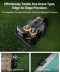 X450 All Wheel Drive Robotic Lawn Mower on grass, showcasing edge-to-edge precision and dual 180W motors, cutting edge close-up.