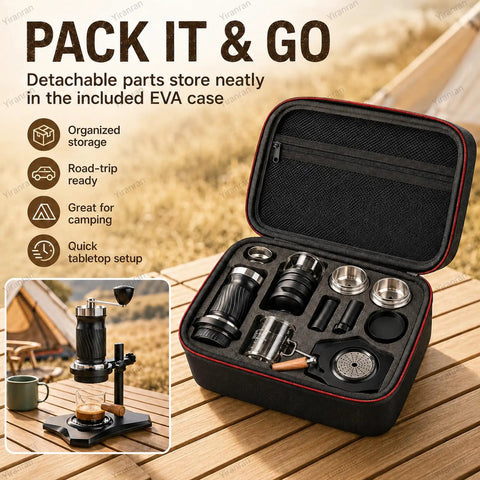 Portable Hand Crank Espresso Maker Kit With Secure Base Stand And Adjusting Pressure Settings Great For Campgrounds Roadtrips Or Garage Sessions Where You Just Want A Solid Cup Of Joe Anytime in organized EVA case.