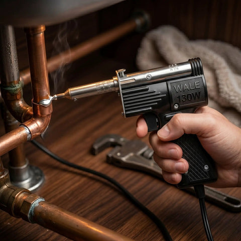 Hand using Dual Watt Soldering Gun 400 And 150 Heavy Duty with Trig R Heat Control on metal plumbing pipe.