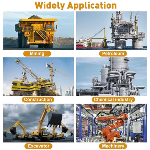 HOTROSE hydraulic pressure test kit collage: mining, petroleum, construction, chemical, excavator, machinery.