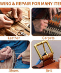 Close-up of hands sewing leather, carpet, shoes, and belt demonstrating Heavy Duty Nylon Upholstery Sewing Kit With 3 Color Nylon Threads 73.5 Yards Each 7 Curved Needles Gourd Style Threader For Leather Carpet Furniture And Shoes Ideal For DIY Home Shop And Auto Upholstery Repairs
