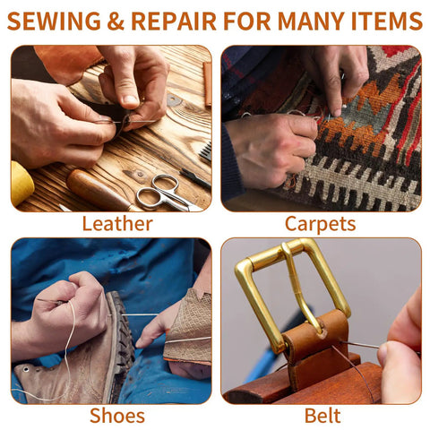 Close-up of hands sewing leather, carpet, shoes, and belt demonstrating Heavy Duty Nylon Upholstery Sewing Kit With 3 Color Nylon Threads 73.5 Yards Each 7 Curved Needles Gourd Style Threader For Leather Carpet Furniture And Shoes Ideal For DIY Home Shop And Auto Upholstery Repairs