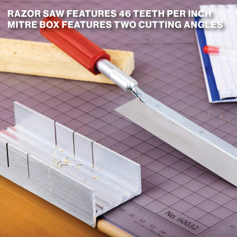 Excel Blades 6-Inch metal mitre box set; aluminum/steel with K5 handle and razor pull saw for 45°/90° cuts