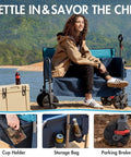 Woman seated on 3 In 1 Heavy Duty Utility Wagon With Five Hundred Pound Capacity That Transforms Into A Two Seat Beach Bench Foldable Cart